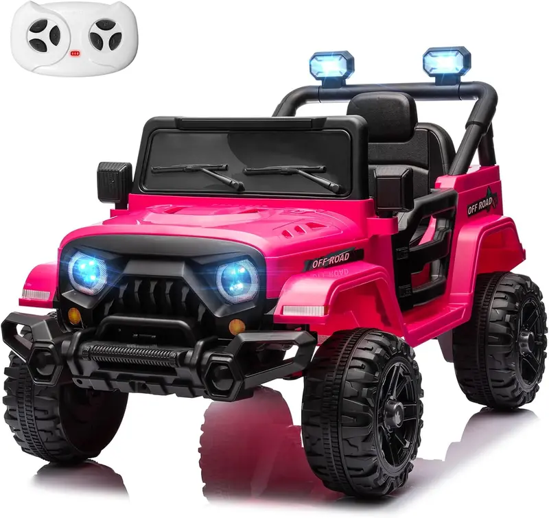 12V Remote-Controlled Ride-On Truck for Kids – Twin 35W Motors, Bluetooth Music, LED Lights, Suspension & Safety Belt (Rosy)