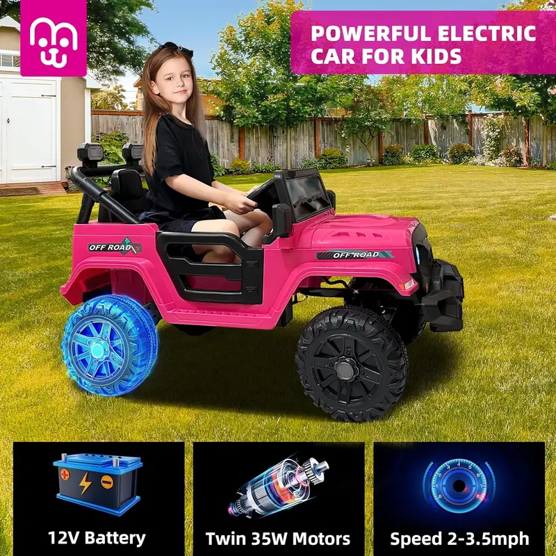 12V Remote-Controlled Ride-On Truck for Kids – Twin 35W Motors, Bluetooth Music, LED Lights, Suspension & Safety Belt (Rosy)