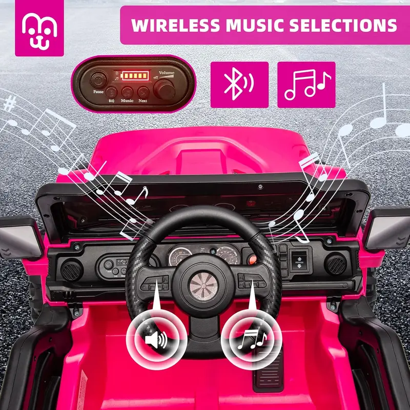 12V Remote-Controlled Ride-On Truck for Kids – Twin 35W Motors, Bluetooth Music, LED Lights, Suspension & Safety Belt (Rosy)