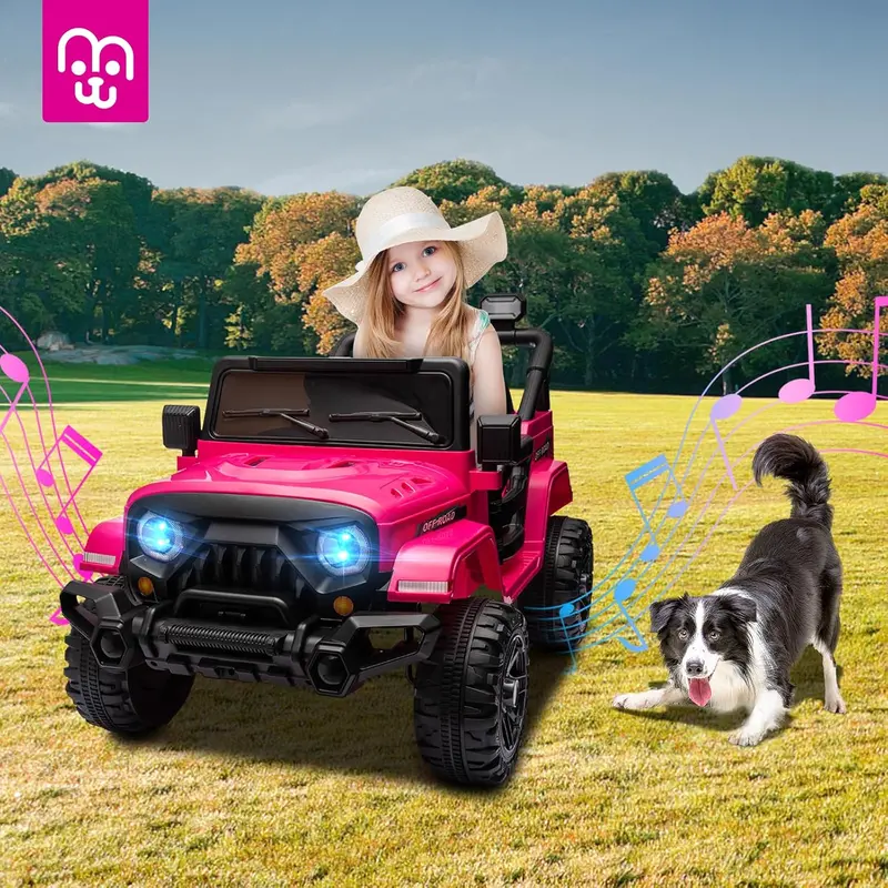12V Remote-Controlled Ride-On Truck for Kids – Twin 35W Motors, Bluetooth Music, LED Lights, Suspension & Safety Belt (Rosy)