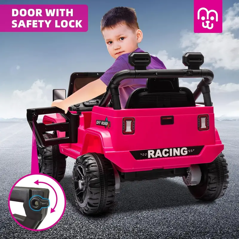 12V Remote-Controlled Ride-On Truck for Kids – Twin 35W Motors, Bluetooth Music, LED Lights, Suspension & Safety Belt (Rosy)