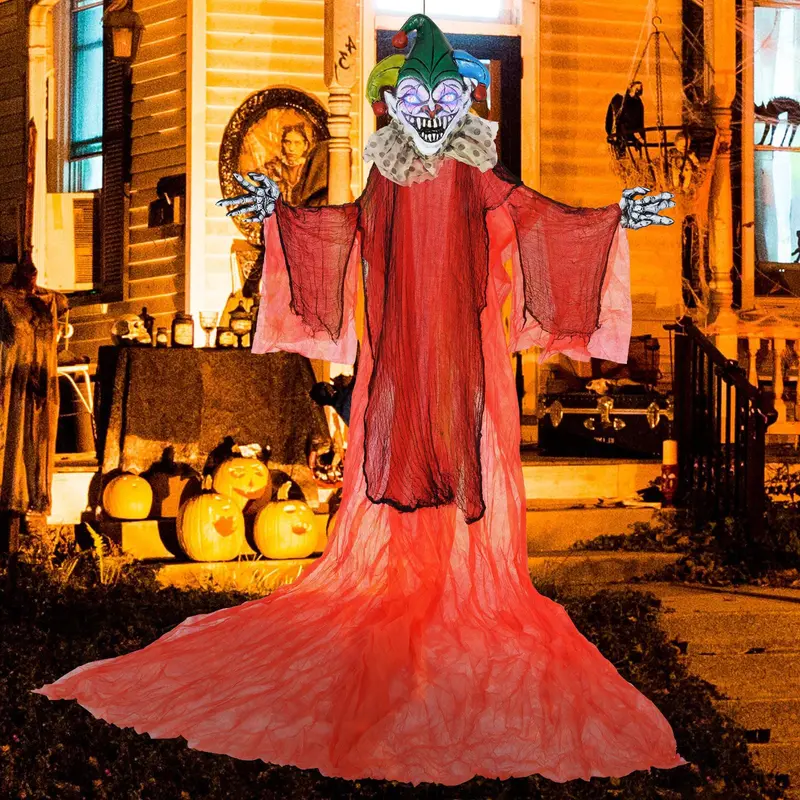 13.1 ft Hanging Clown Decoration – Spooky Halloween Prop with Color-Changing Eyes & Poseable Arms 2