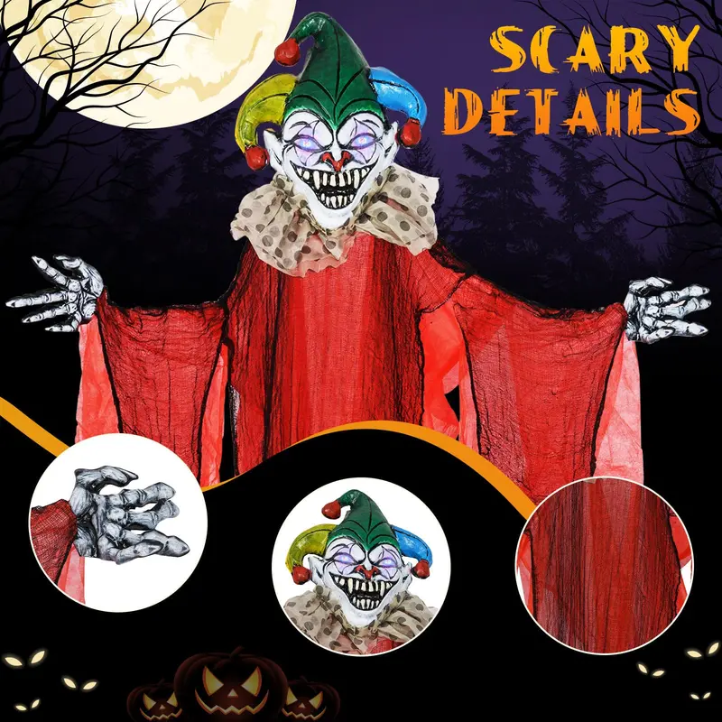 13.1 ft Hanging Clown Decoration – Spooky Halloween Prop with Color-Changing Eyes & Poseable Arms