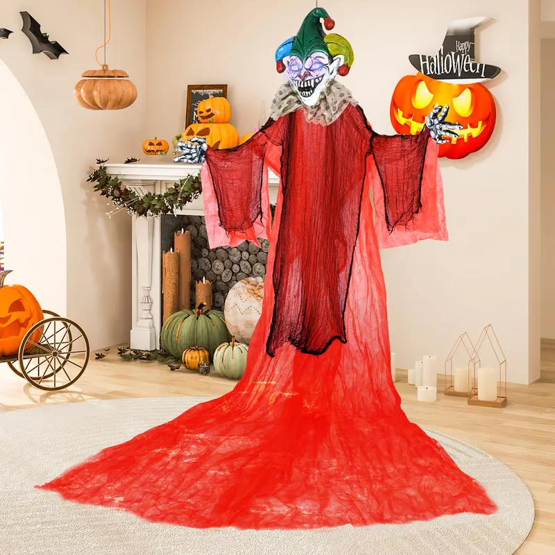 13.1 ft Hanging Clown Decoration – Spooky Halloween Prop with Color-Changing Eyes & Poseable Arms