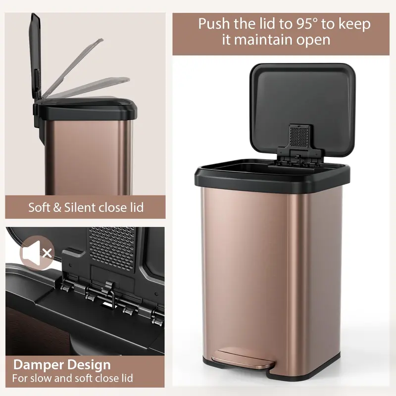 13-Gallon Stainless Steel Trash Can – Soft-Close Lid, Foot Pedal & Odor Control