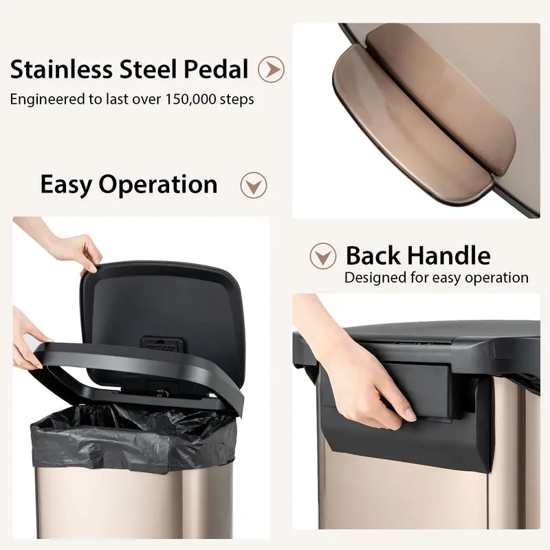 13-Gallon Stainless Steel Trash Can – Soft-Close Lid, Foot Pedal & Odor Control