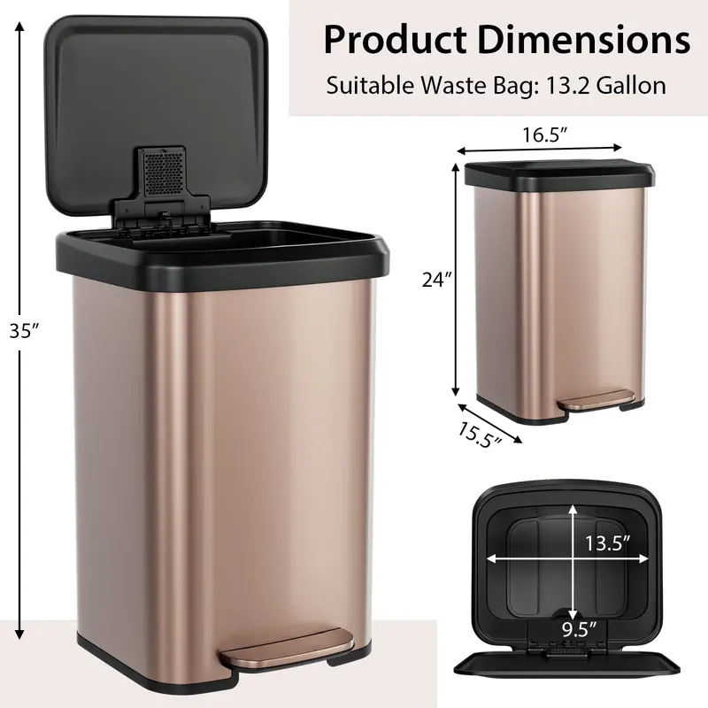 13-Gallon Stainless Steel Trash Can – Soft-Close Lid, Foot Pedal & Odor Control