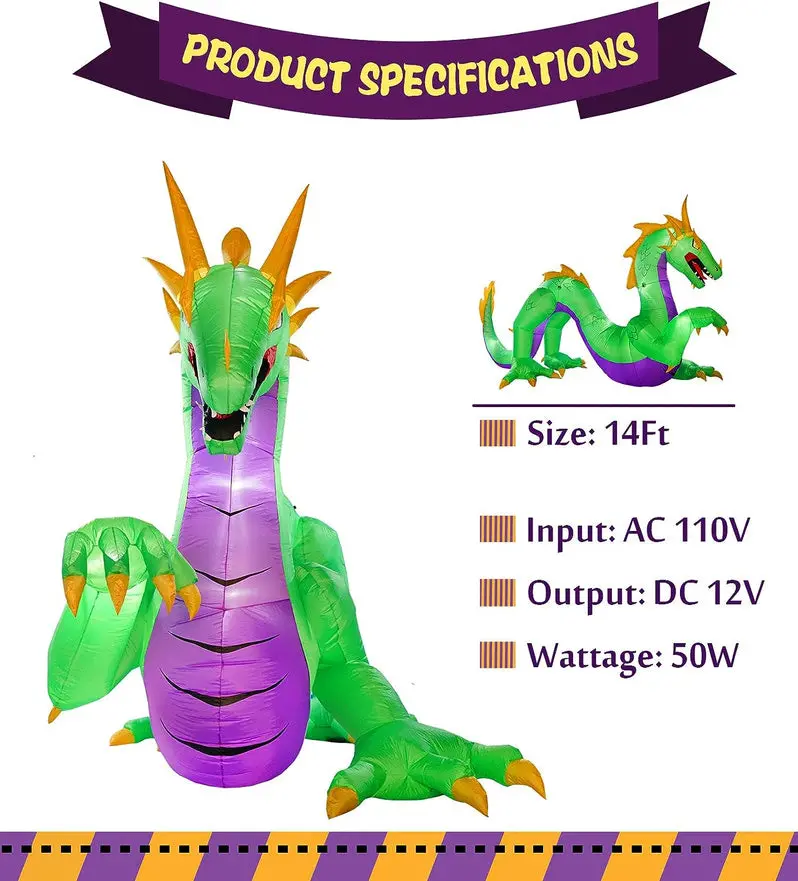 14-Foot Giant Inflatable Dragon – Outdoor Halloween Yard Decoration with Built-In Fan