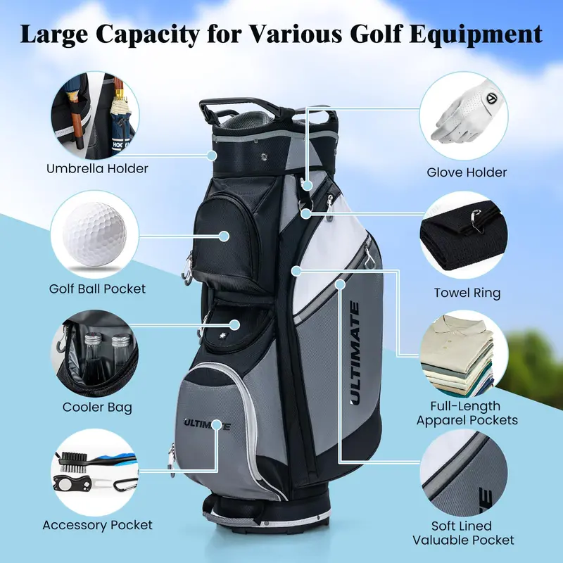 14-Way Golf Cart Bag with Cooler Compartment and 7 Functional Zip Pockets