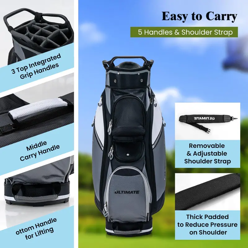 14-Way Golf Cart Bag with Cooler Compartment and 7 Functional Zip Pockets