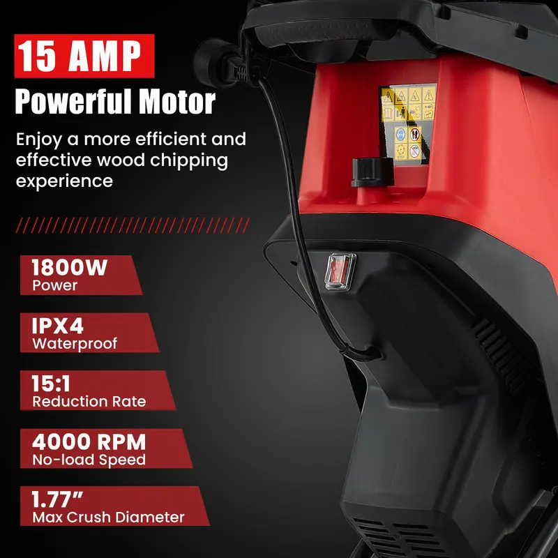 15-Amp Electric Wood Chipper & Leaf Shredder – Wheeled Mulcher with Safety Lock