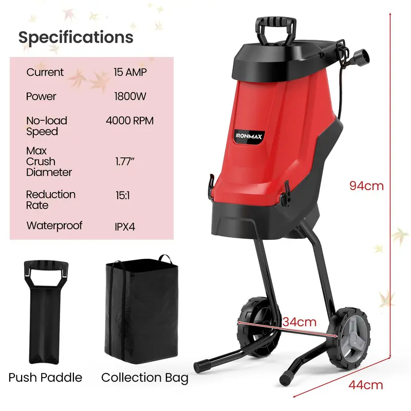 15-Amp Electric Wood Chipper & Leaf Shredder – Wheeled Mulcher with Safety Lock