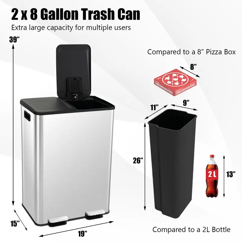 16-Gallon Dual-Bin Stainless Steel Kitchen Trash Can 2