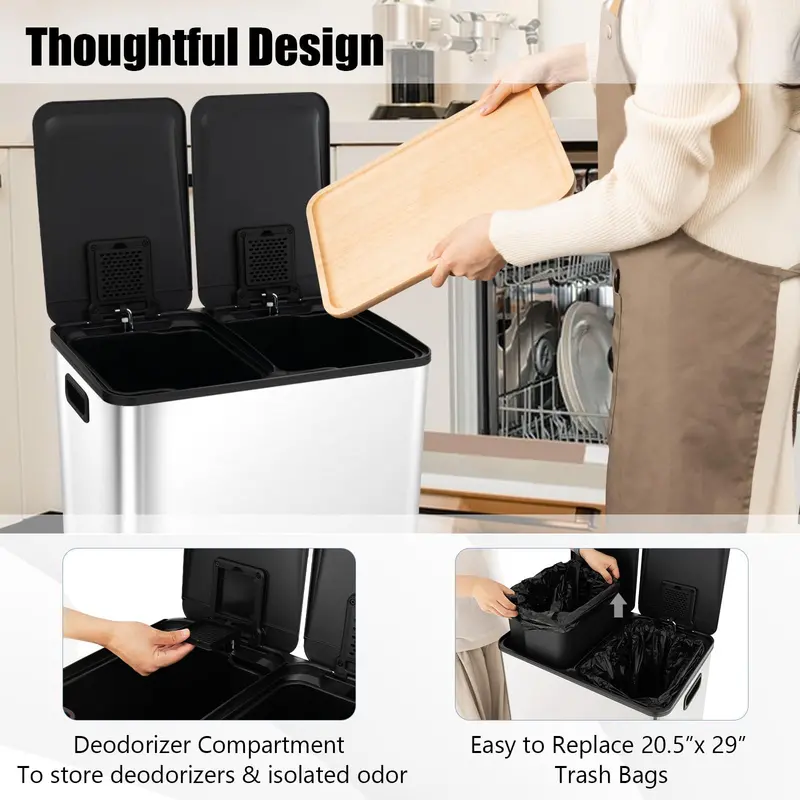 16-Gallon Dual-Bin Stainless Steel Kitchen Trash Can