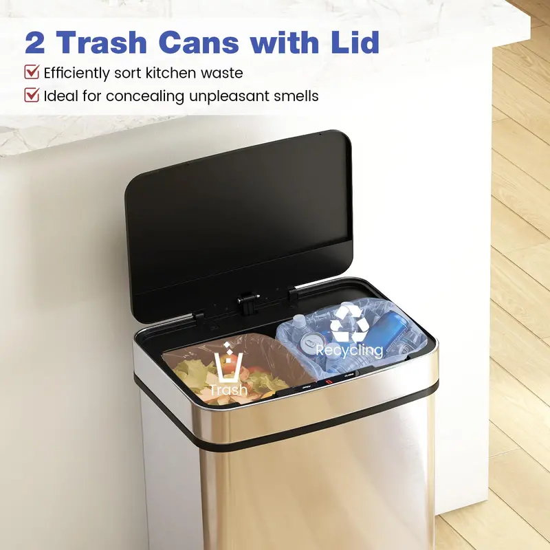 16-Gallon Dual-Compartment Automatic Trash Can with Stainless Steel Finish and Motion Sensor 2