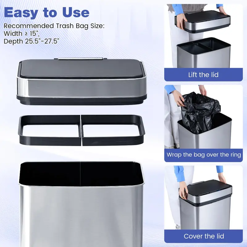 16-Gallon Dual-Compartment Automatic Trash Can with Stainless Steel Finish and Motion Sensor