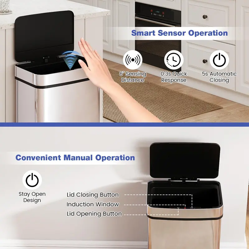 16-Gallon Dual-Compartment Automatic Trash Can with Stainless Steel Finish and Motion Sensor
