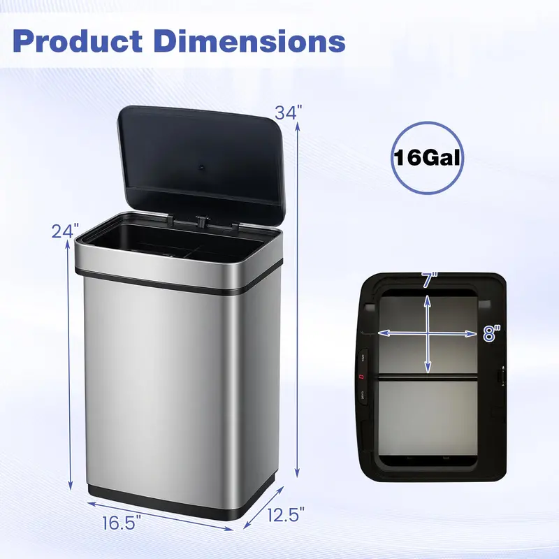 16-Gallon Dual-Compartment Automatic Trash Can with Stainless Steel Finish and Motion Sensor