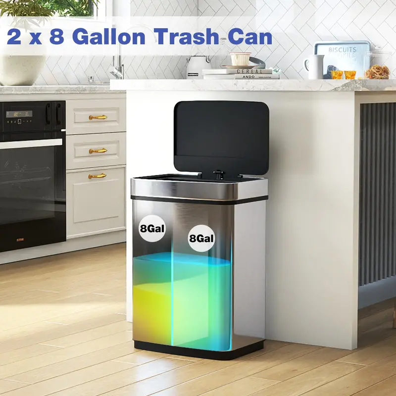 16-Gallon Dual-Compartment Automatic Trash Can with Stainless Steel Finish and Motion Sensor
