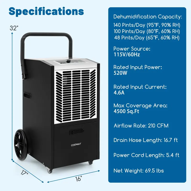 163-Pint Commercial Dehumidifier – Heavy-Duty Unit with Drain Pump & Hose, Ideal for 4,500 Sq. Ft Spaces