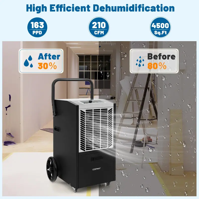 163-Pint Commercial Dehumidifier – Heavy-Duty Unit with Drain Pump & Hose, Ideal for 4,500 Sq. Ft Spaces