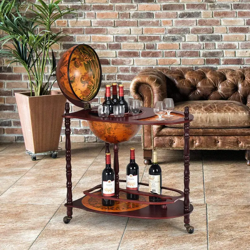 16th-Century Italian-Style Wine Bar Stand – 34-Inch Wood Globe Rack with Expanded Bottle Shelf 2