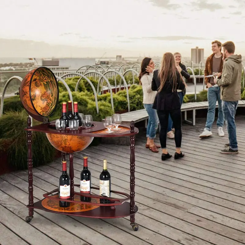 16th-Century Italian-Style Wine Bar Stand – 34-Inch Wood Globe Rack with Expanded Bottle Shelf