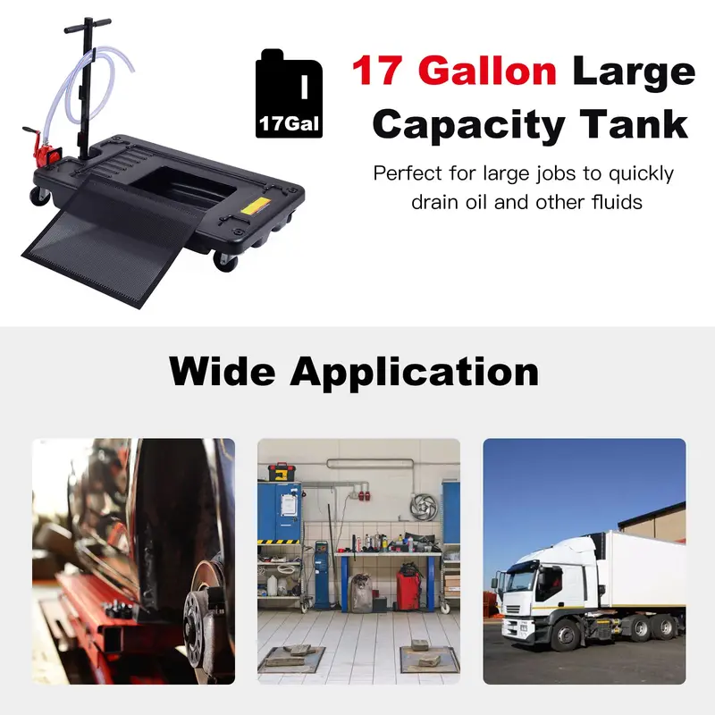 17-Gallon Low-Profile Portable Oil Drain Pan with Integrated Pump and 8-Foot Hose