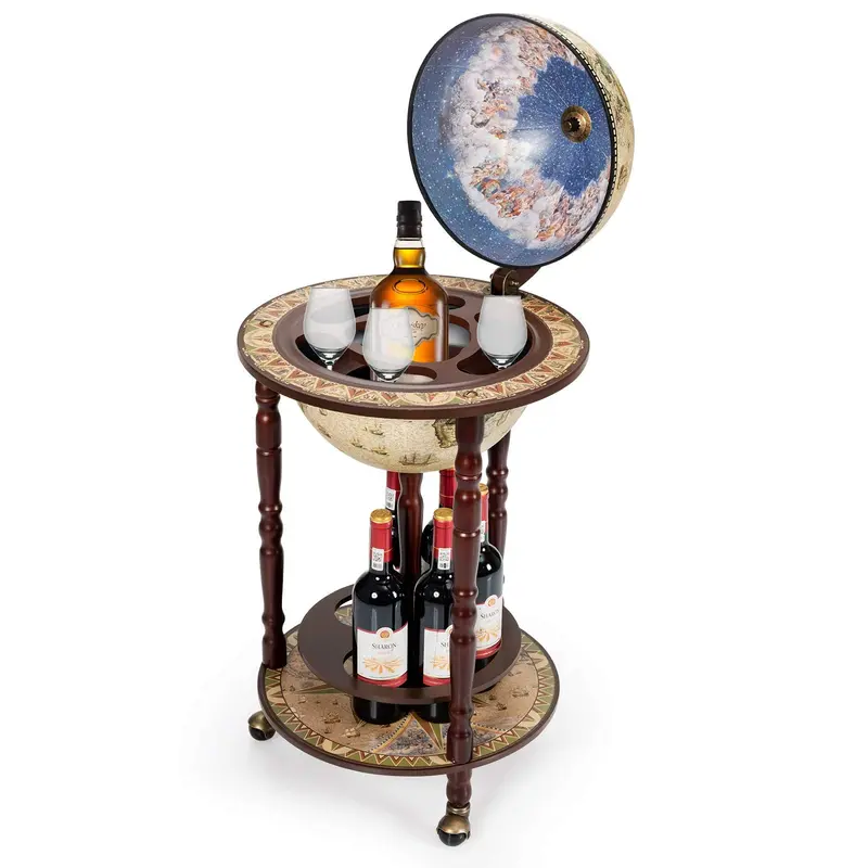 17-Inch Wood Globe Wine Bar Stand – Vintage-Style Liquor Bottle Display Rack