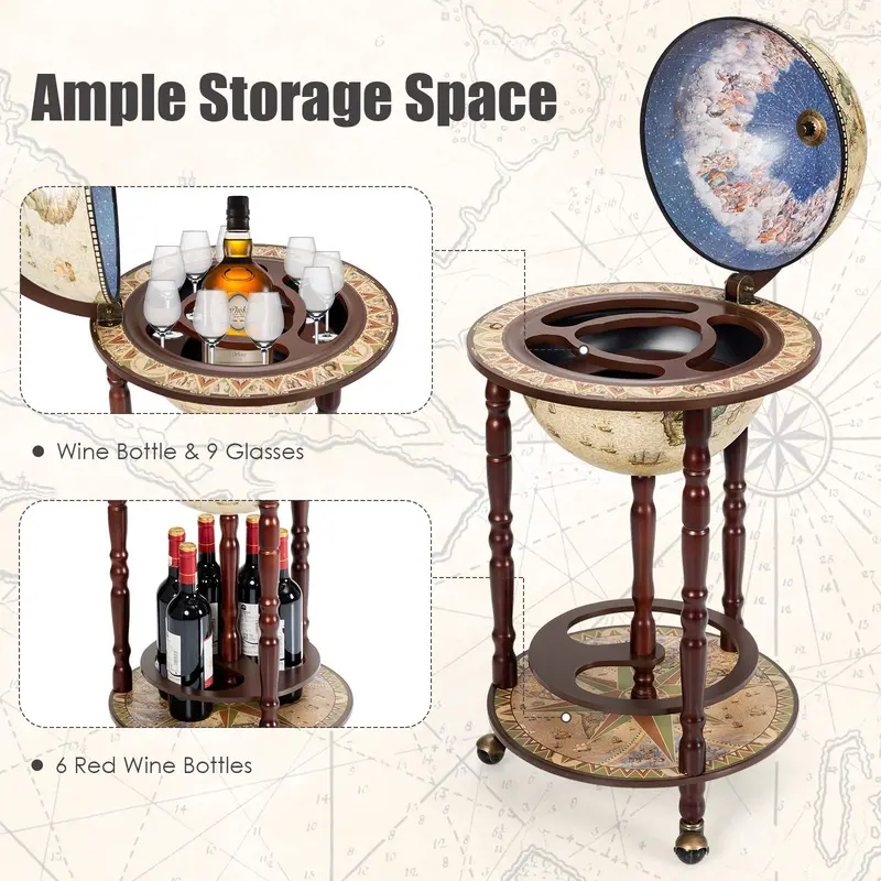 17-Inch Wood Globe Wine Bar Stand – Vintage-Style Liquor Bottle Display Rack
