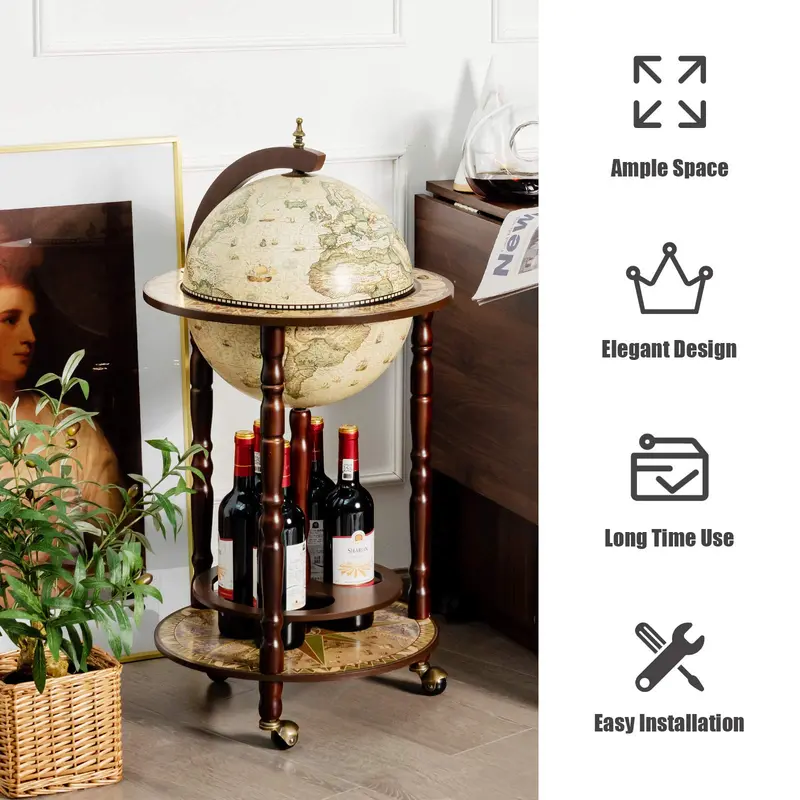 17-Inch Wood Globe Wine Bar Stand – Vintage-Style Liquor Bottle Display Rack