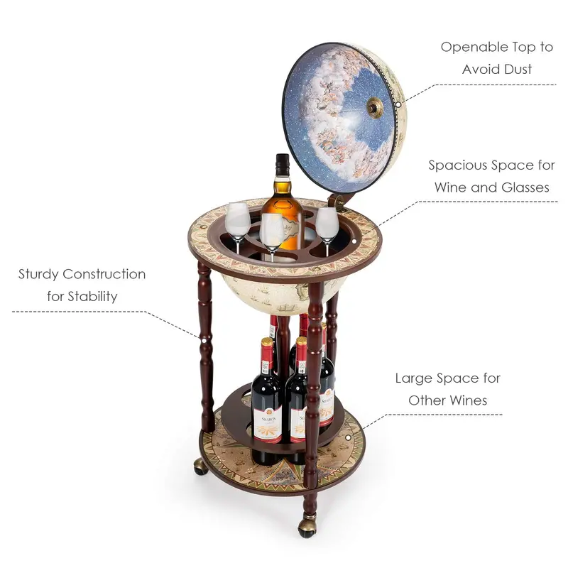 17-Inch Wood Globe Wine Bar Stand – Vintage-Style Liquor Bottle Display Rack