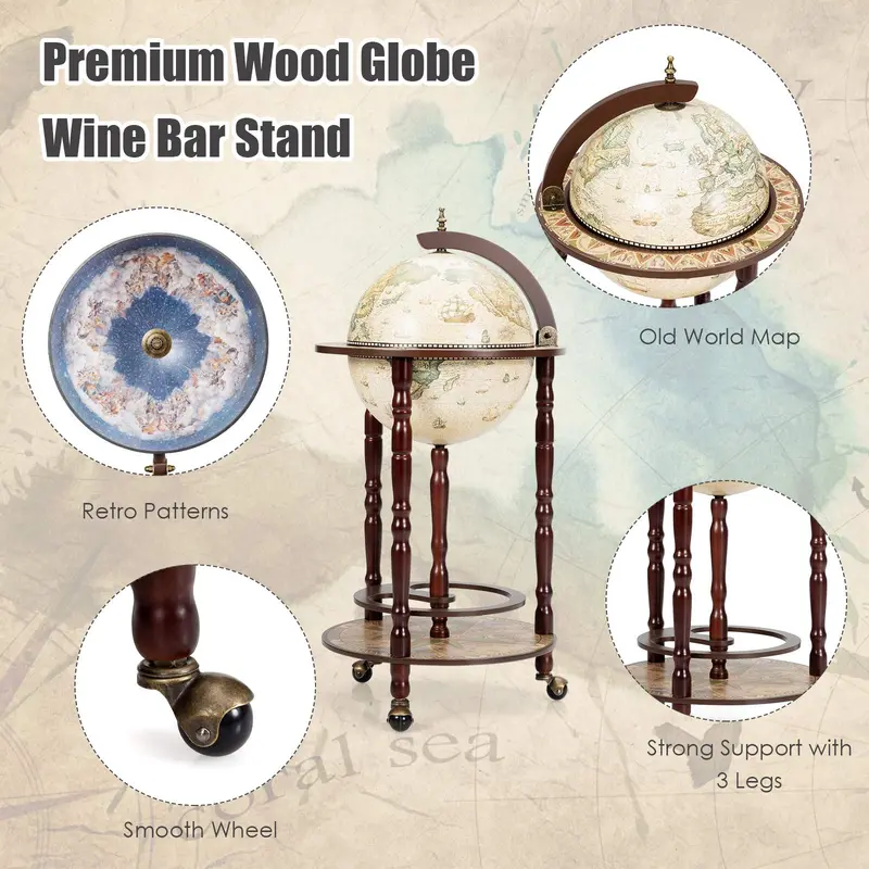 17-Inch Wood Globe Wine Bar Stand – Vintage-Style Liquor Bottle Display Rack