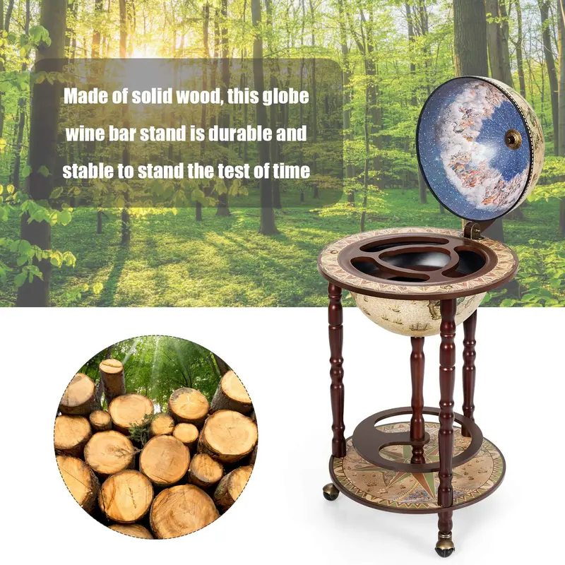17-Inch Wood Globe Wine Bar Stand – Vintage-Style Liquor Bottle Display Rack