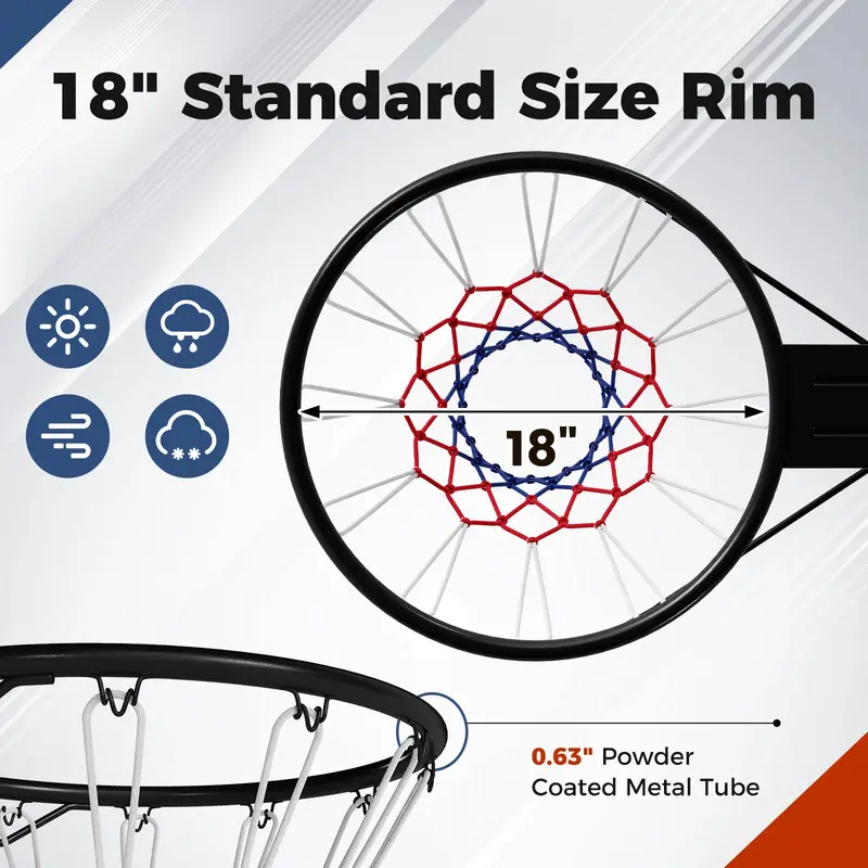 18-Inch All-Weather Replacement Basketball Rim with Dual-Spring Mechanism and Durable Net