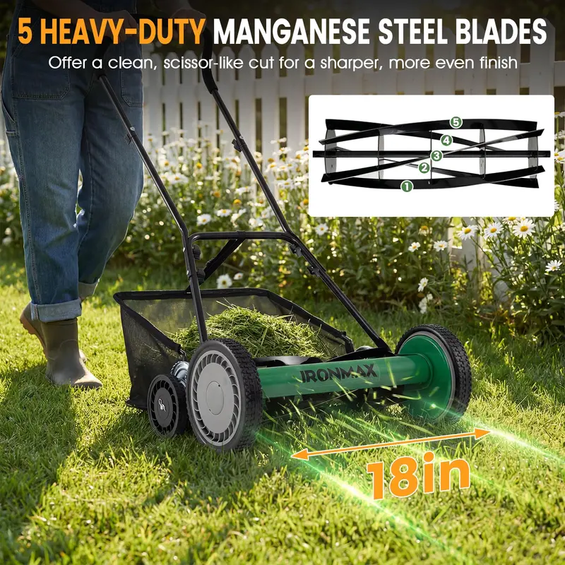 18-Inch Manual Push Reel Lawn Mower with 5-Blade Manganese Steel Cutting System 2