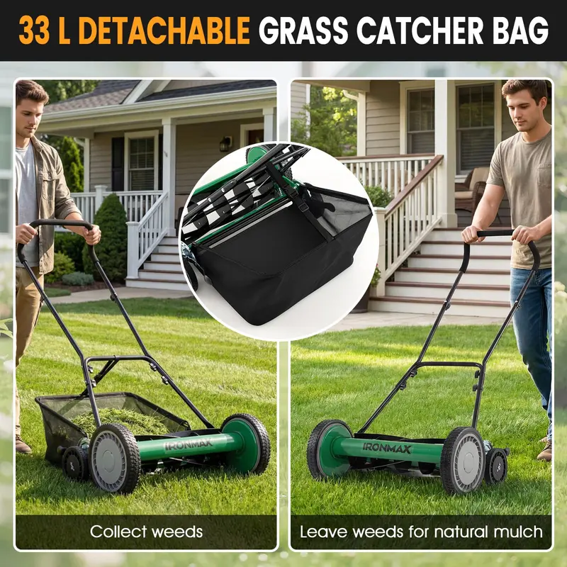 18-Inch Manual Push Reel Lawn Mower with 5-Blade Manganese Steel Cutting System