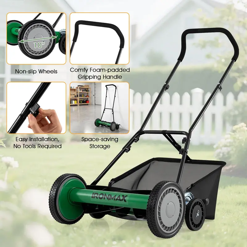 18-Inch Manual Push Reel Lawn Mower with 5-Blade Manganese Steel Cutting System