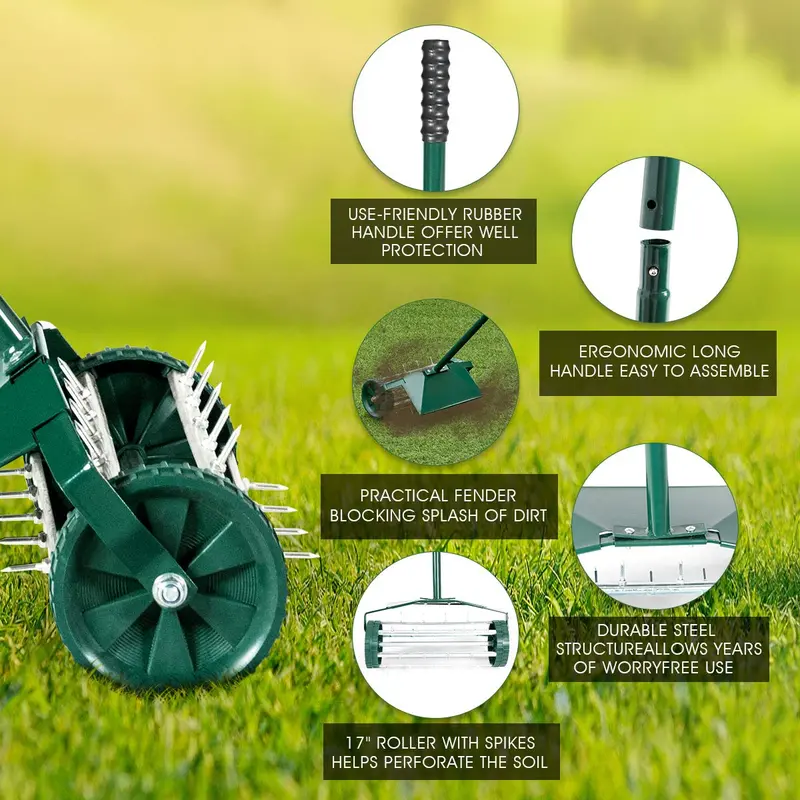 18-Inch Rotary Lawn Aerator – Push-Style Spike Tine Tool with 40.5-Inch Handle and Fender