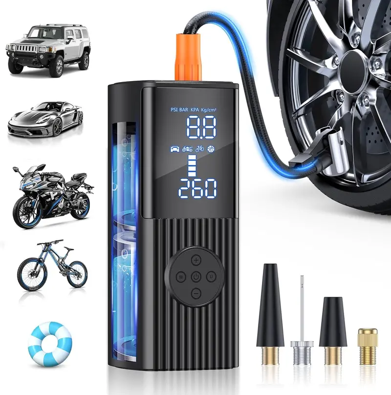 180 PSI Portable Tire Inflator – 25000mAh Battery, LED Light & Rapid-Inflation Air Pump for Cars, Bikes & More