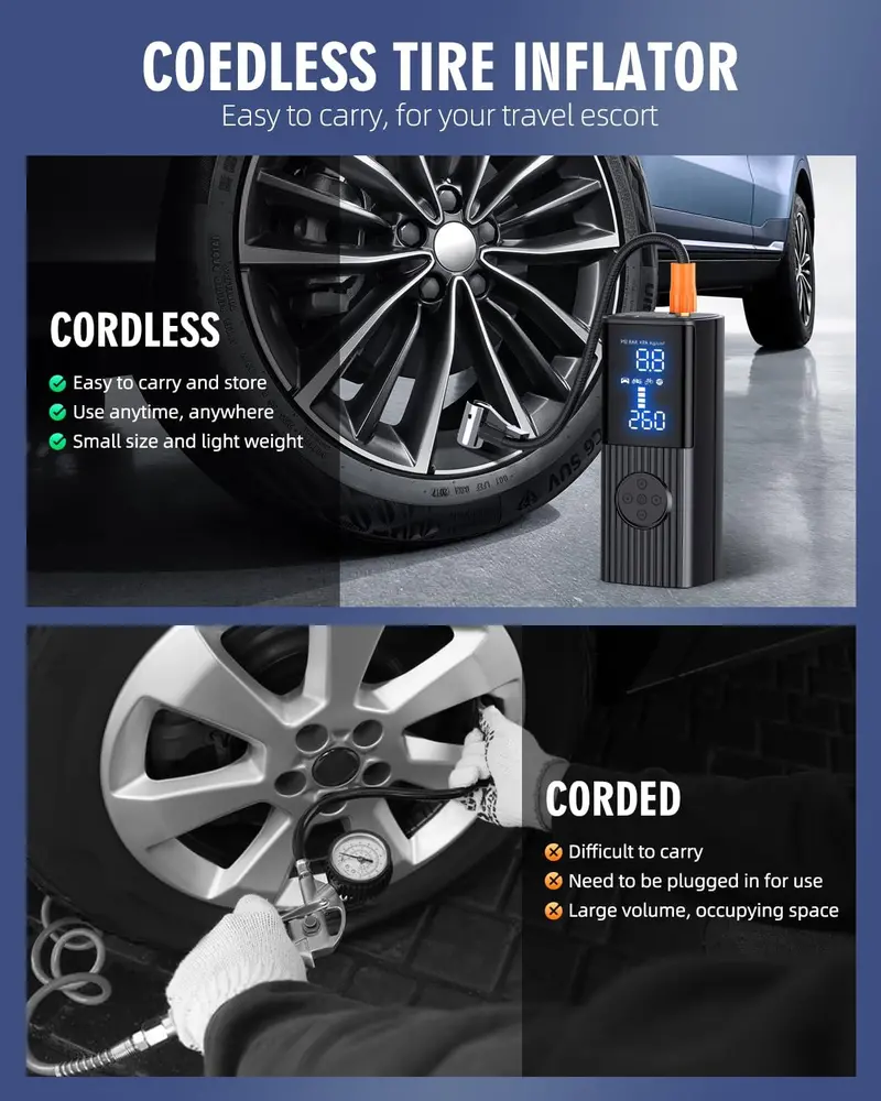 180 PSI Portable Tire Inflator – 25000mAh Battery, LED Light & Rapid-Inflation Air Pump for Cars, Bikes & More 2