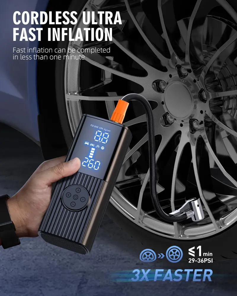 180 PSI Portable Tire Inflator – 25000mAh Battery, LED Light & Rapid-Inflation Air Pump for Cars, Bikes & More