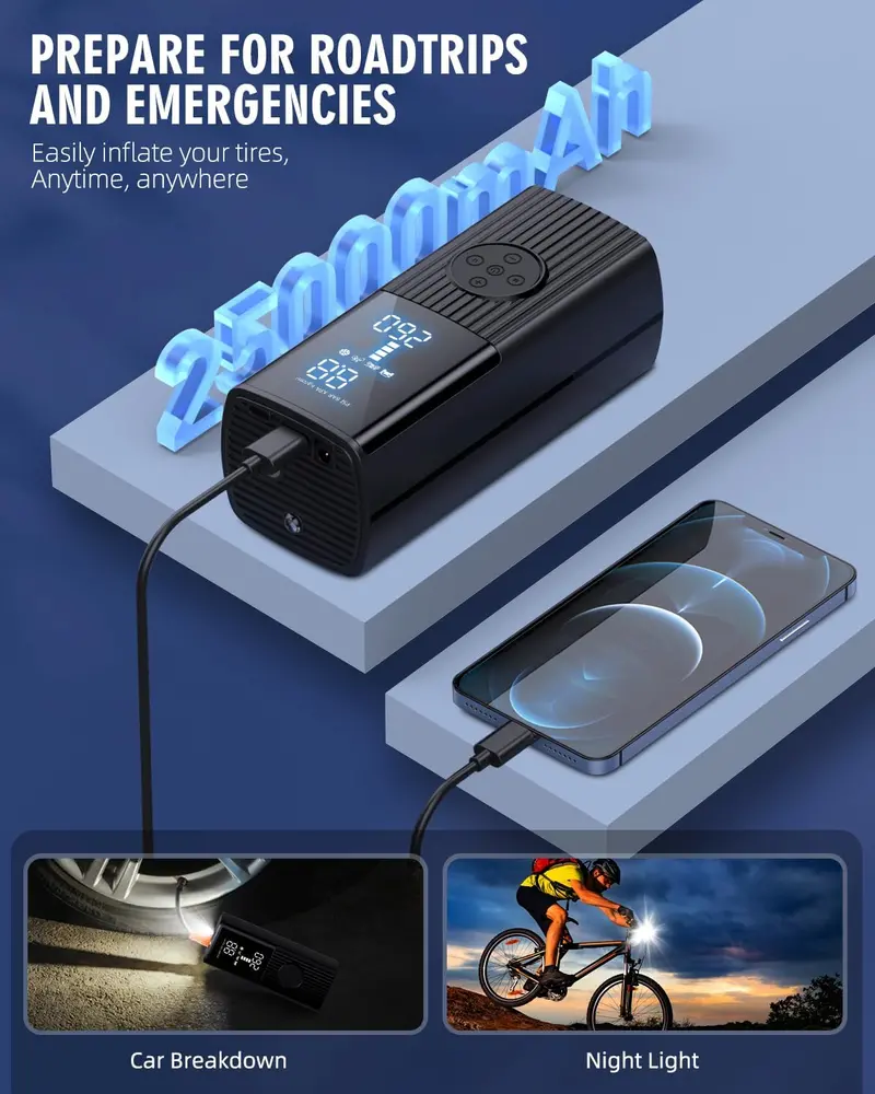 180 PSI Portable Tire Inflator – 25000mAh Battery, LED Light & Rapid-Inflation Air Pump for Cars, Bikes & More