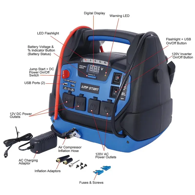1800A Rechargeable Jump Starter with Built-in Air Compressor – Heavy-Duty Portable Battery Booster for Gas & Diesel Vehicles 2