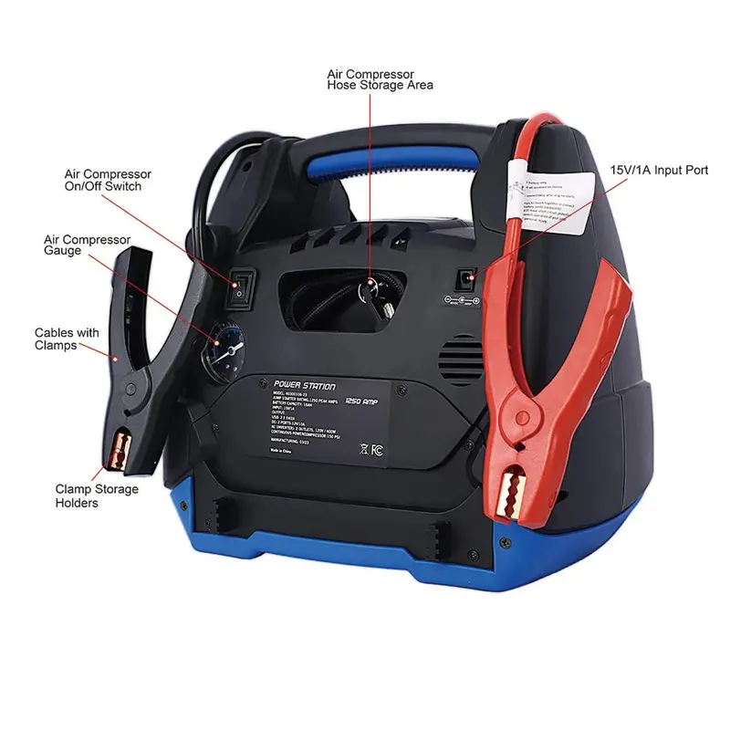 1800A Rechargeable Jump Starter with Built-in Air Compressor – Heavy-Duty Portable Battery Booster for Gas & Diesel Vehicles