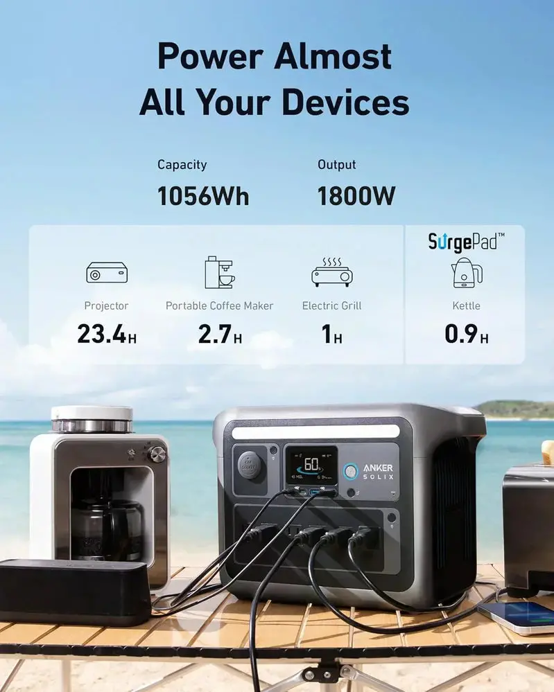 1800W Portable Solar Generator – 1056Wh LiFePO4 Battery, 2400W Peak Power, Rapid 58-Minute Charge