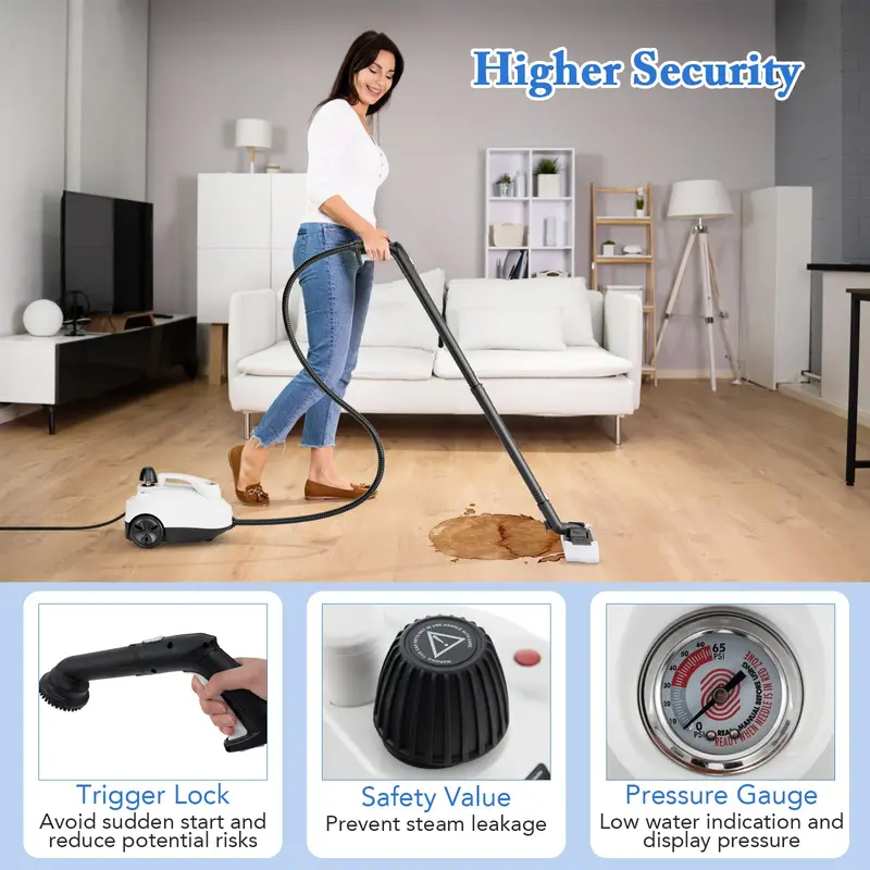 1800W Portable Steam Cleaner Kit with 15 Attachments for Deep Cleaning Tasks