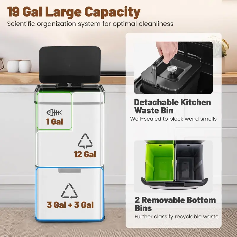 19-Gallon Motion-Sensor Stainless Steel Trash Can Set (4 x 72L Total Capacity)