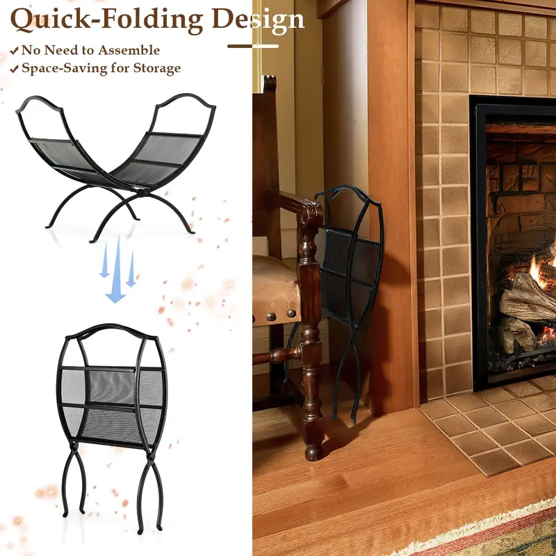 19-Inch Portable Folding Firewood Rack – Sturdy Steel Fireplace Log Carrier