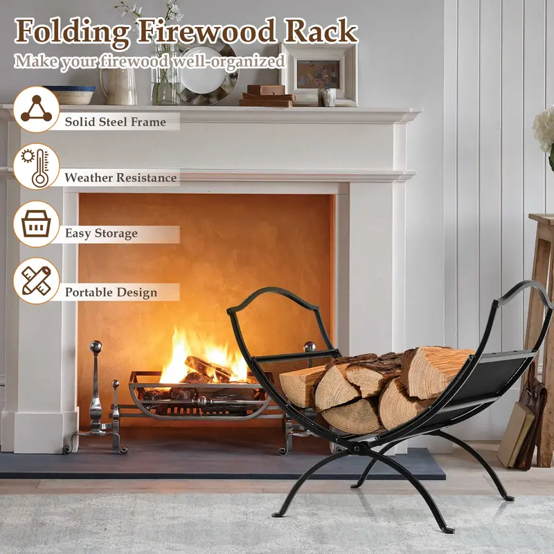 19-Inch Portable Folding Firewood Rack – Sturdy Steel Fireplace Log Carrier